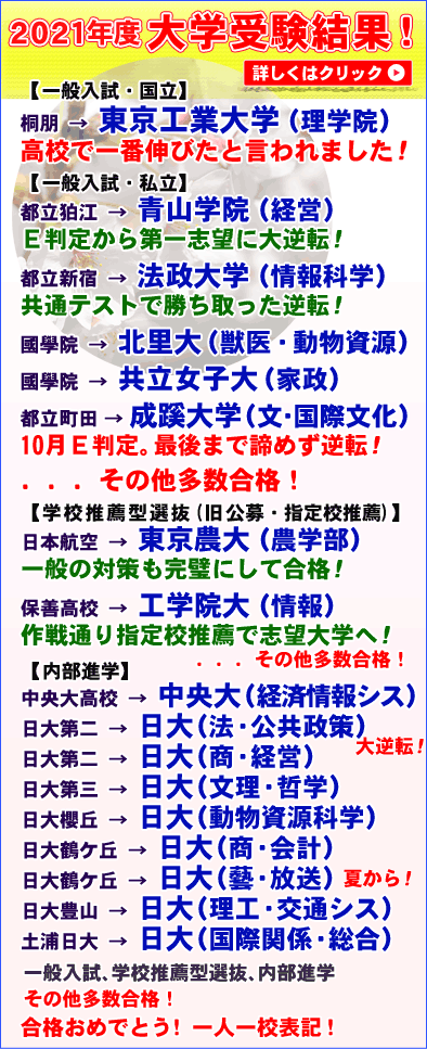 つつじヶ丘個別学習会高校生教室HPへ 2021年度大学受験結果(高校生教室)